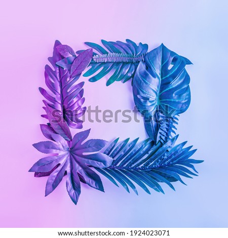 Natural frame in vibrant, bold, gradient, holographic, neon, pink and blue colors, made of tropical and palm jungle leaves. Minimal summer surrealism background with copy space. Concept art.