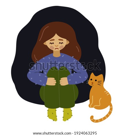 
A sad girl sits on the floor, and a ginger cat sits next to her. The girl is wearing a blue sweater. Color picture on a black background. Vector image, clipart.