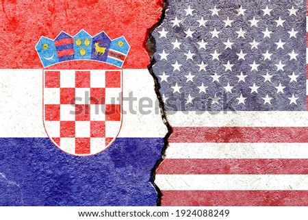 Faded Croatia VS USA national flags icon pattern isolated on broken weathered cracked wall background, abstract international political relationship friendship conflicts concept texture wallpaper