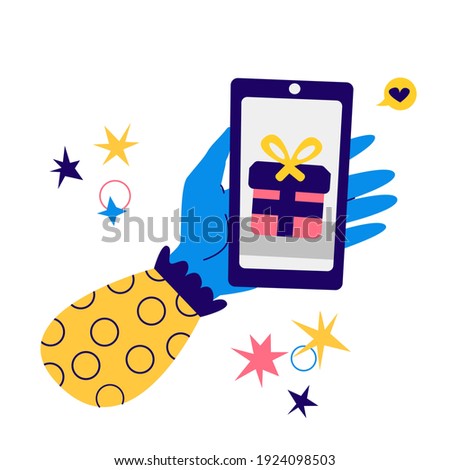 Female hand holding smartphone with gift box on screen. Concept of present, win, jackpot, shopping. Vector stock eps illustration isolated on white. Woman with smartphone in hand. Arm, gadget clip art