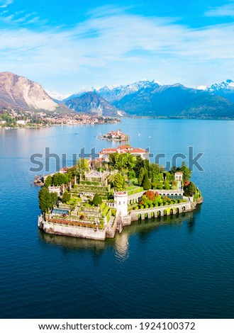 Isola Bella and Stresa town aerial panoramic view. Isola Bella is one of the Borromean Islands of Lago Maggiore in north Italy. Royalty-Free Stock Photo #1924100372