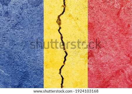 Faded Romania national flag icon pattern isolated on broken weathered cracked concrete wall background, abstract Romanian politics economy society conflicts concept pattern texture wallpaper