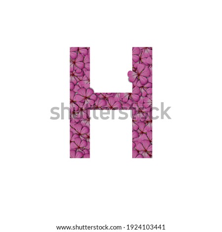 Letter H of the alphabet with photography of pink flowers. Letter H made from flowers isolated on white Photo. Alphabet symbols with flowers texture pattern