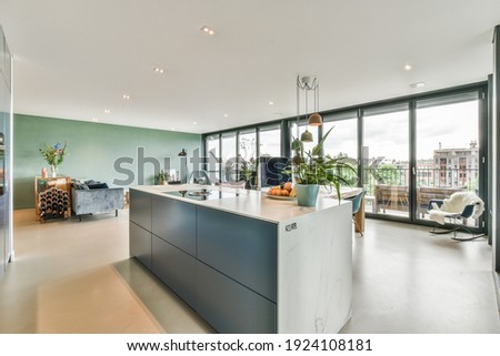 Beautiful kitchen island with plant and fresh fruit on it in a spacious room Royalty-Free Stock Photo #1924108181