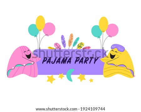 Two cushions in Flat style, point to the text in the center of the illustration, the background is decorated with balloons and stars. Party Invitation. Vector