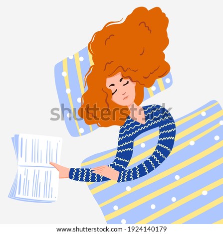 Beautiful woman sleeping with open book Top View. Night reading vector illustration