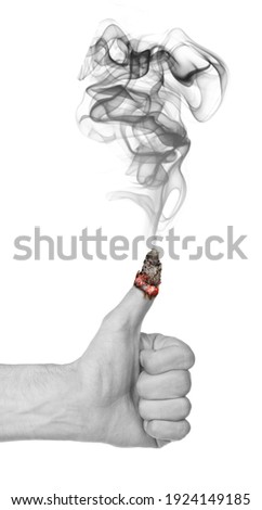 Man hand with burning thumb up, isolated on white background