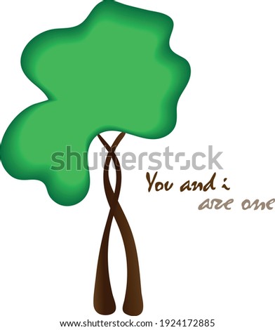 Two trees in love embrace and intertwine with crowns merging into a single whole. Vector postcard. The image is isolated on a transparent background.