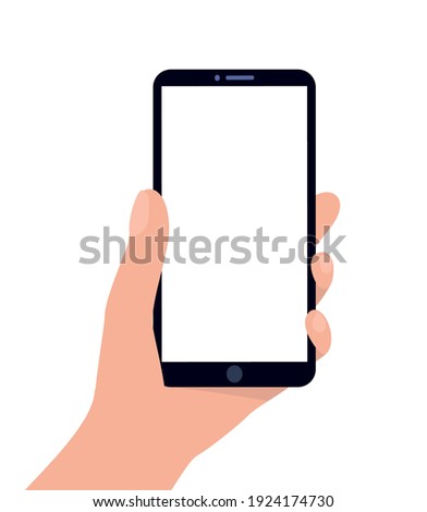 Hand holding a smartphone on a white background. Template. Flat vector illustration