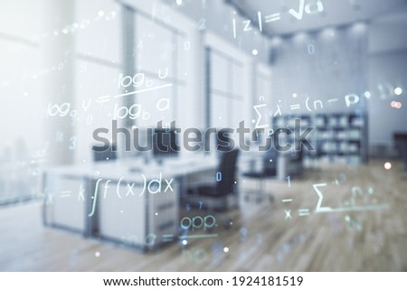 Scientific formula illustration on a modern furnished classroom background, science and research concept. Multiexposure