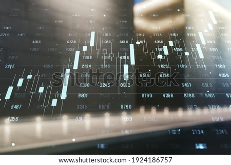 Multi exposure of stats data illustration on blurry modern office building background, computing and analytics concept