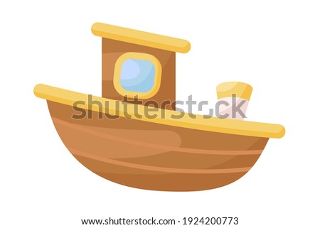 Cute brown boat on white background. Cartoon transport for kids cards, baby shower, birthday invitation, house interior. Bright colored childish vector illustration in cartoon style.