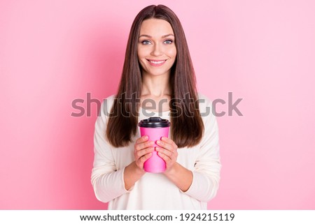 Photo of pretty charming young lady wear white shirt drinking coffee isolated pink color background