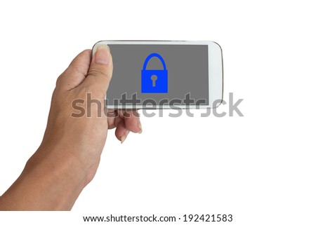 Hand holding smartphone with closed padlock on display. Generic mobile smart phone in hand on white background