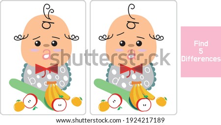 Find Differences Education Game for Children. Happy White baby. Cartoon Style Vector Illustration.
