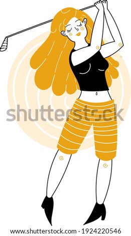 Single element for design, clipart. Sports, girl with a golf club. Scandinavian. For children. Cartoon style. Flat, Doodle. Clip art. Advertisements, websites, banners and brochures.