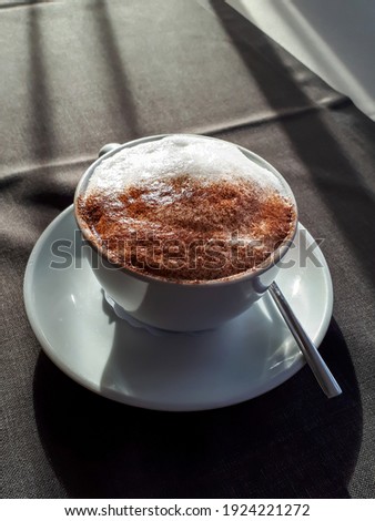 View of a cappuccino coffee on the table covered with neutral grey tablecloth in front of window and bright sunlight