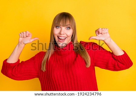 Photo of blond impressed lady point herself wear red sweater isolated on bright yellow color background