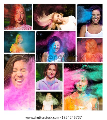 Collage of photos with lovely cheerful women with explosion of dry paint Holi outdoor