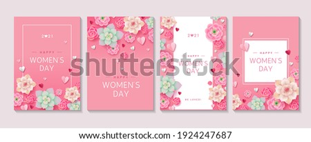Set of cute pink floral posters for Women's Day 2021 holiday. Collection of different designs with flowers, hearts and text on pink background. 8 march greetings concept. - Vector illustration Royalty-Free Stock Photo #1924247687