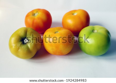 Home grown fresh tomato orange green unripe tomato close up focus blur at the back. A group of colourful isolated white background. Organic vegetables fruits. Front view angle.