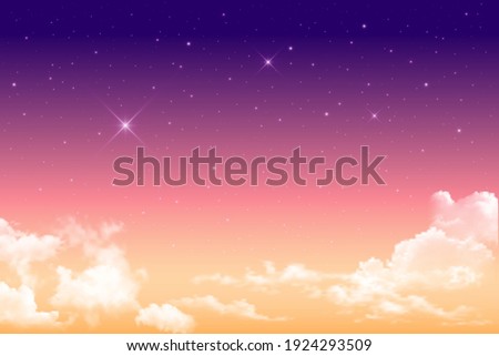 Realistic magical sky, sun and clouds in soft pastel pink and blue colors. Fantastic magic sunny hazy sky background. Pink sunrise, sunset. Vector illustration.