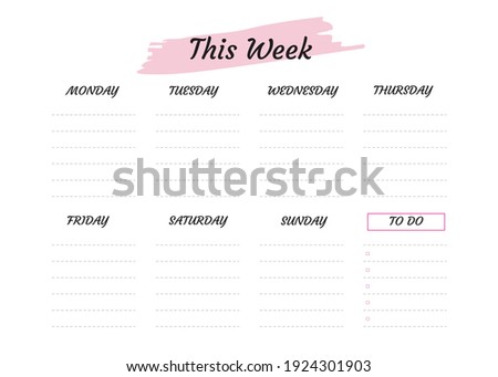 Weekly planner with pink and black, stationery organizer for daily plans, vector weekly planner template, schedules