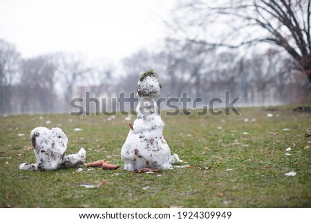 A melted snowman made of dirty snow standing on green grass. Outdoor leisure activities to do with children. Stock photography.