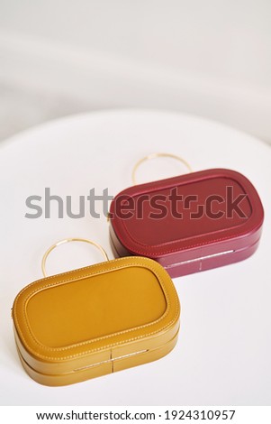 Two fashionable leather handbags for women on a white background. High quality photo