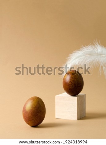 Minimalistic Easter background. A brown chicken egg stands on a beige background, an egg and a feather are out of focus in the background. Copy space