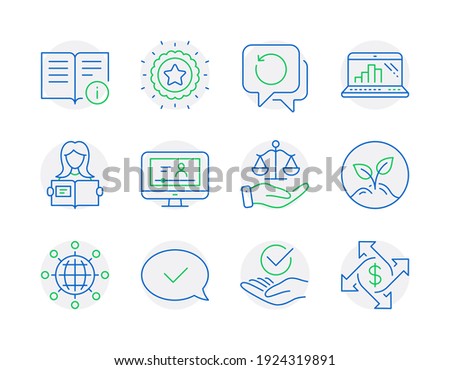 Education icons set. Included icon as Woman read, Graph laptop, Justice scales signs. Approved message, Recovery data, International globe symbols. Startup, Online video, Approved. Vector
