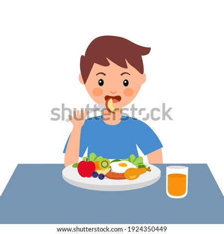 Boy kids eating sausage, fried egg, chicken, fruits and some vegetables in flat design on white background. Children enjoy eating delicious meal for breakfast or lunch. Royalty-Free Stock Photo #1924350449