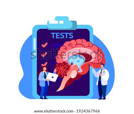 Neurosurgeon,Neurologist Scientist Doctor Examine Tests,Analysis,Magnetic Resonance Imagine.Brain Research Trial Biopsy. Labolatory Clinical Investigation. Lab Medical Council Diagnostic. Illustration