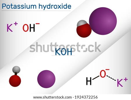 Potassium hydroxide, caustic potash, lye molecule. KOH is strong caustic base and alkali, ionic compound. Structural chemical formula and molecule model. Vector illustration Royalty-Free Stock Photo #1924372256