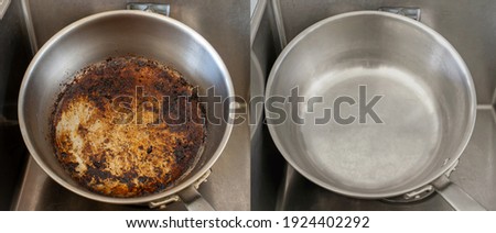 Compare burnt pan image before and after cleaning the unclean able stained pot from burnt cooking pot. The dirty stainless steel pan with the clean pan clean shiny bright like new in the kitchen sink. Royalty-Free Stock Photo #1924402292