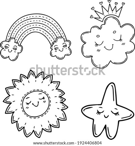 Cute cartoon set on the theme of weather. Design elements, for children. On a white background. Scandinavian style. Isolated. Clip-art, stickers, advertising. Flat, Doodle. Children's room decoration.