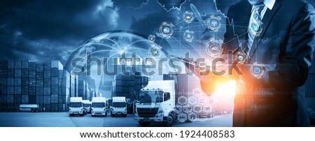 World map with logistic network distribution on background. Logistic and transport concept in front Container Cargo freight ship for Concept of fast or instant shipping, Online goods orders worldwide Royalty-Free Stock Photo #1924408583