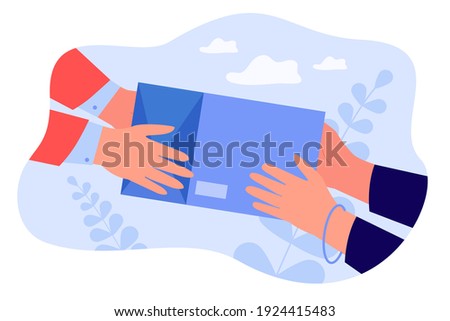 Courier giving shipping object to customer. Hands of client receiving parcel. Vector illustration for express delivery, postal service, mail concept Royalty-Free Stock Photo #1924415483