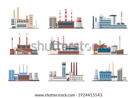 Plants and factories set. Industrial buildings with smoke pipes isolated on white. Vector illustration for manufacture in city, industry, exhaust gas concept Royalty-Free Stock Photo #1924415543