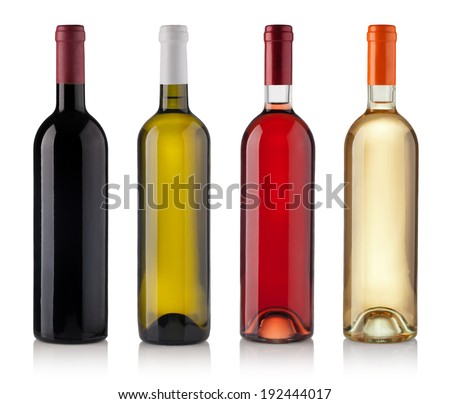Set of white, rose, and red wine bottles. isolated on white background