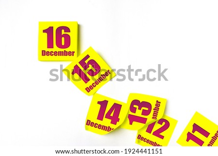 December 16th. Day 16 of month, Calendar date. Many yellow sheet of the calendar. Winter month, day of the year concept