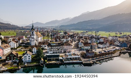 Drone picture of the village of Arth on the lakeshores of lake Zug, switzerland. 
