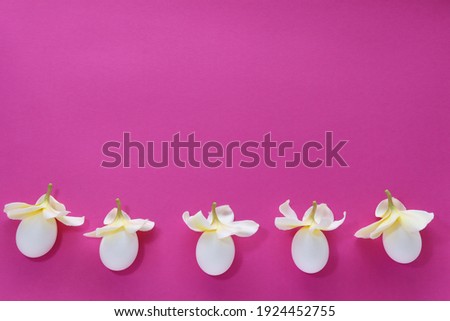 Eggs in flower caps on purple background. Ideas for holiday decoration. Easter eggs with hats from flowers.