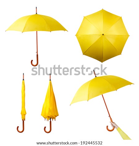Set of various umbrellas isolated on a white background. Collection of folded, opened, top view umbrellas Royalty-Free Stock Photo #192445532