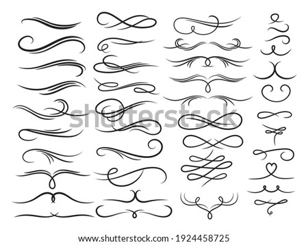 Set of ornamental lines. Collection of swirl ornament of different shapes. Linear art. Vintage text dividers. Set of typography line. Vector illustration of curls on a white background.