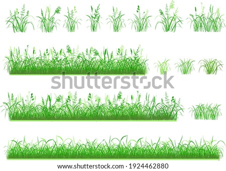 Set of hand drawn grass. Separate tufts of grass, compact lawns. Green silhouettes isolated on white background. Illustration, brushes.