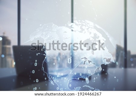 Double exposure of abstract creative programming illustration with world map and modern desk with computer on background, big data and blockchain concept