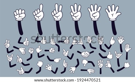 Cartoon hands. Comic arms with four and five fingers in white gloves with various gestures, cartoon character body parts. Isolated vector set. Gesture hand finger count, thumb gesturing illustration Royalty-Free Stock Photo #1924470521