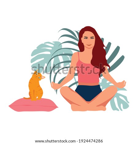 Woman meditating and cute ginger cat lying on pillow. Concept illustration for yoga, meditation, relax, recreation, healthy lifestyle. Vector illustration in flat cartoon style