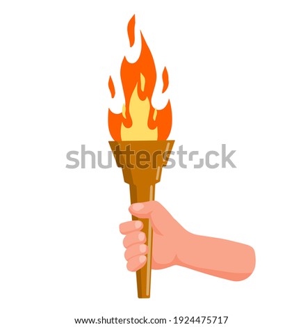 Hand holding torch. Symbol of Olympic Flame and sports. Education and lighting. Flat cartoon illustration